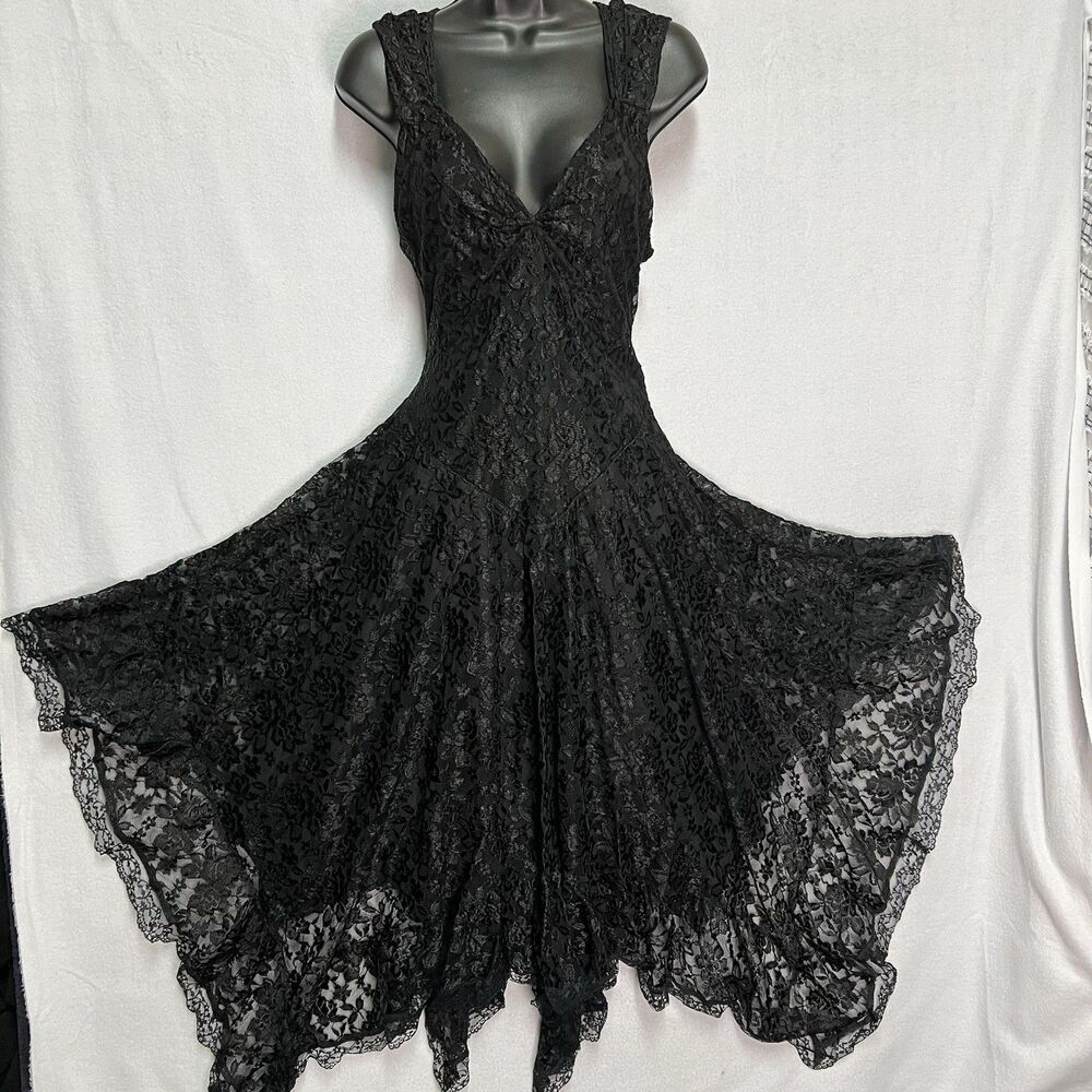 Y2K Black Lace Up Handkerchief Hem Gothic Dark Fairy Dress Witchy Whimsigoth S